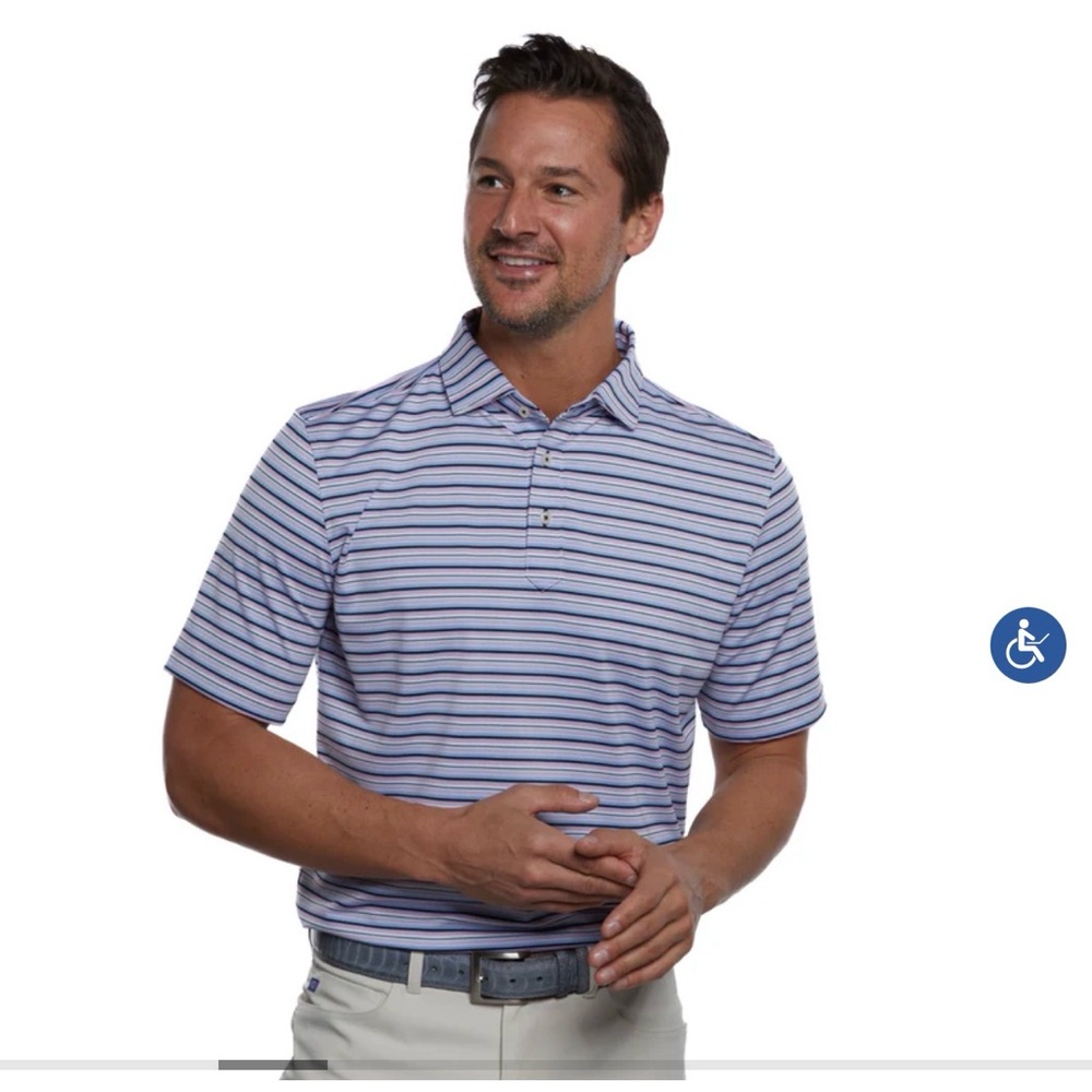 EUC Stitch Golf Shirt Mens Blue Gray Golfer Polo Striped Stretch Size M